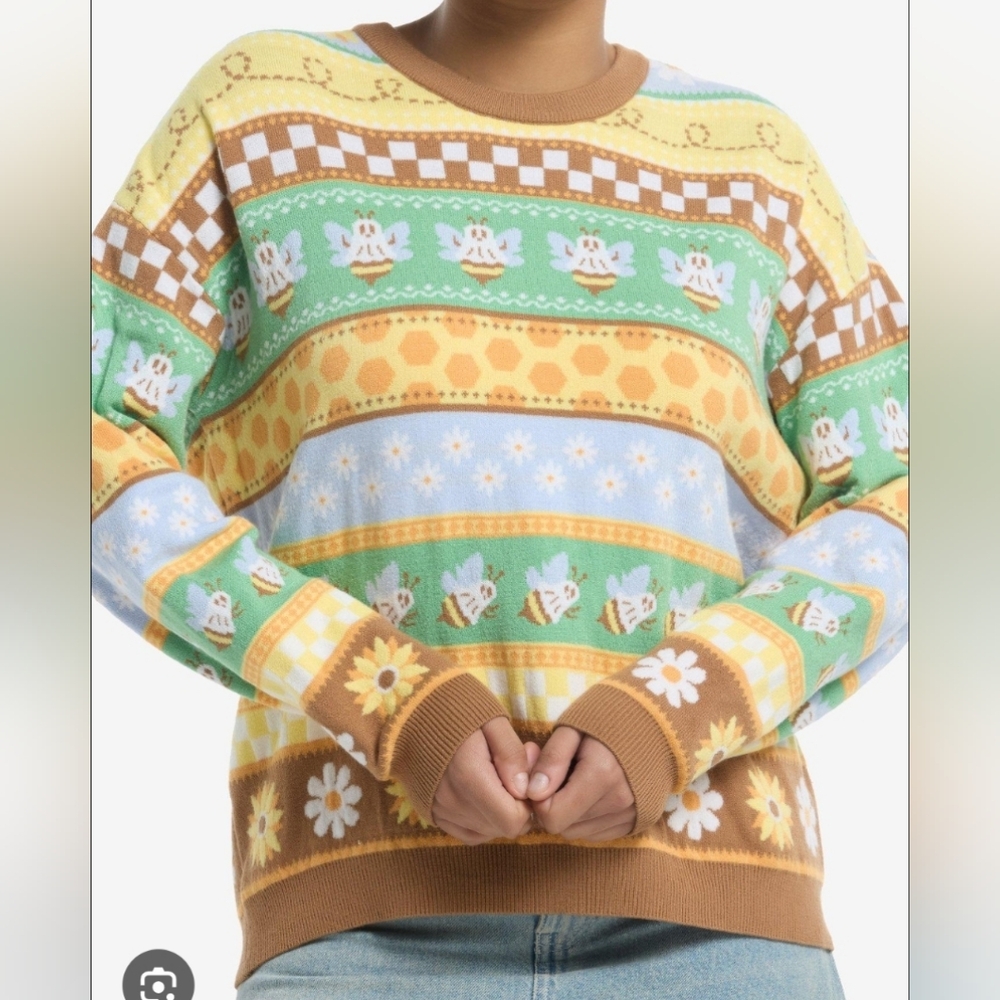 Thorn & Fable Ghost Bee & Sunflower Stripe Sweater Size Large